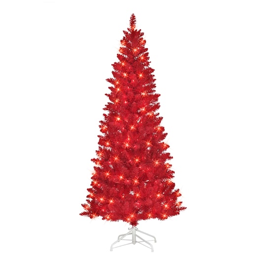 6.5Ft Pre-Lit Flocked Fashion Red Artificial Christmas Tree, Clear LED Lights By Puleo International | 6.5 ft | Michaels®